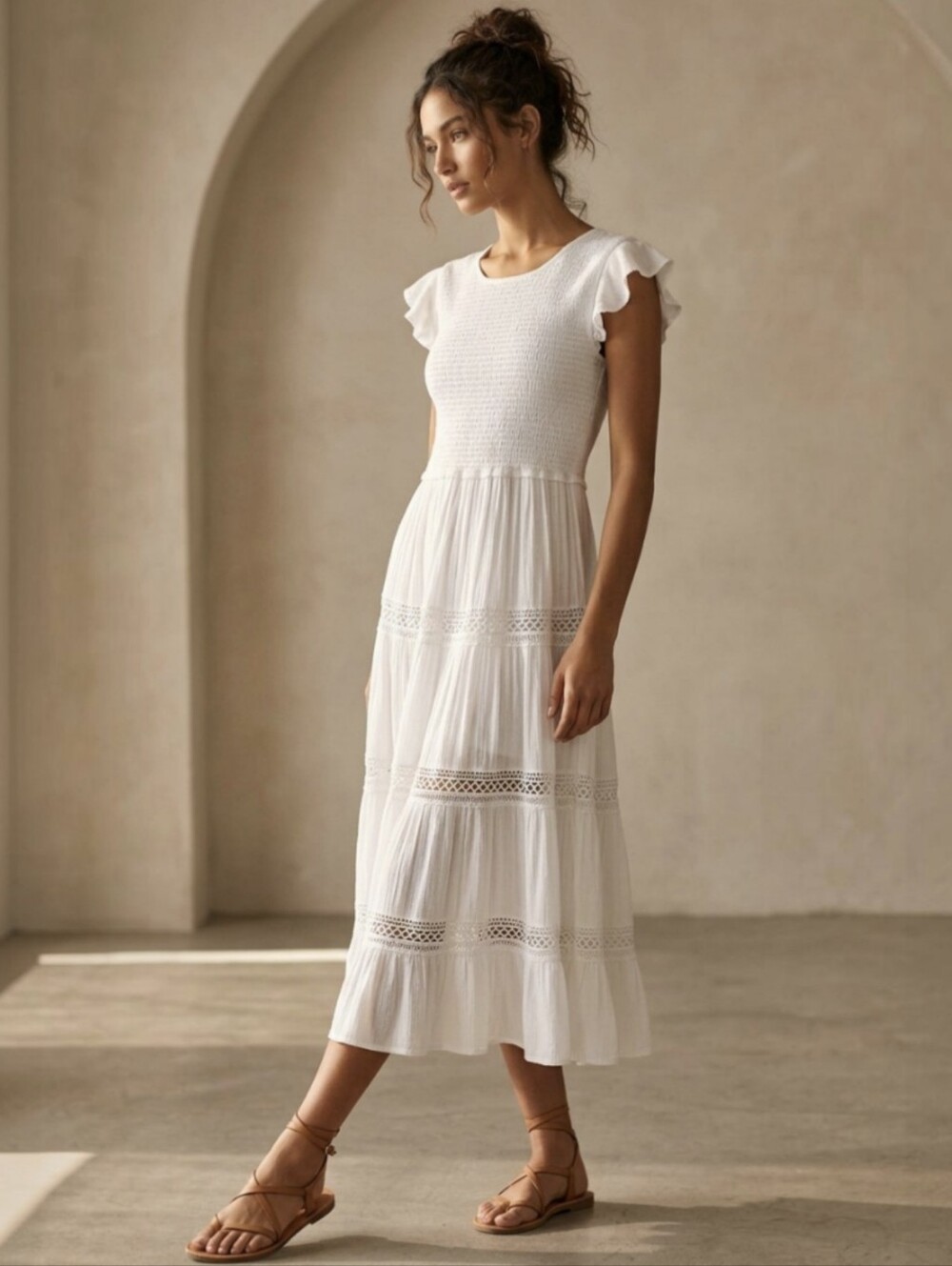 Womens Boho Maxi Dress Gauze Cotton White Tiered Smocked Flowy Medium Lined